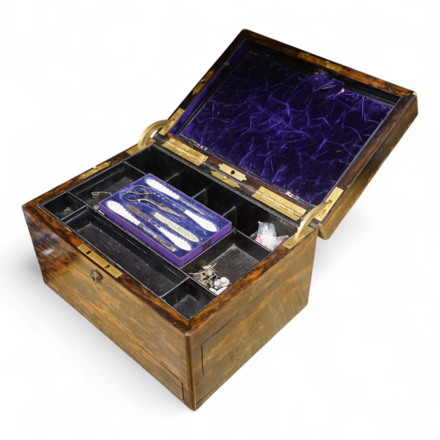 A 19th century brass bound coromandel dressing box, 31cm wide x 20cm high